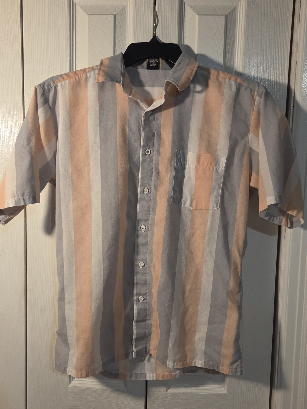 Vintage 80s Fast Breakers Striped Shirt Mens Medium Short Sleeve Peach Grey